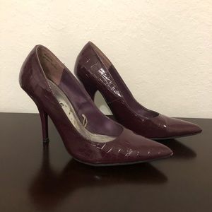 maroon snakeskin pointed toe heels